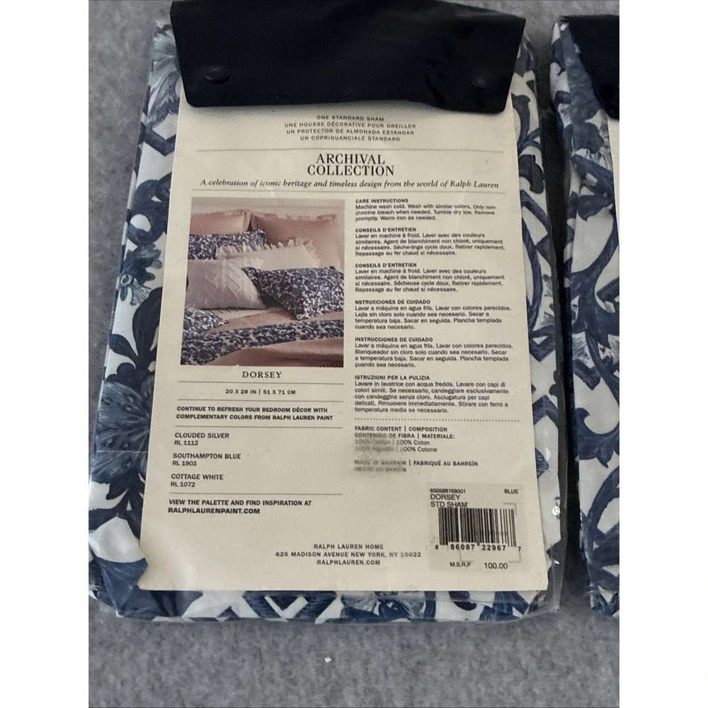 Ralph Lauren Dorsey Standard Sham Set of 2 New Blue White Porcelain Lotus Pair